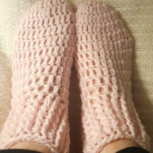 Pink Handmade Crochet Slippers Size 7-8